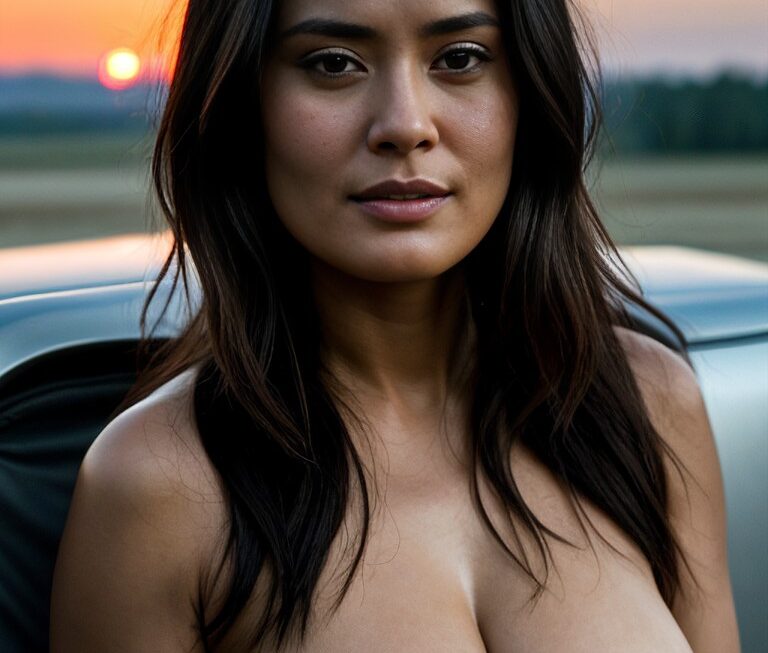 a naked woman standing beside a car and the sun setting